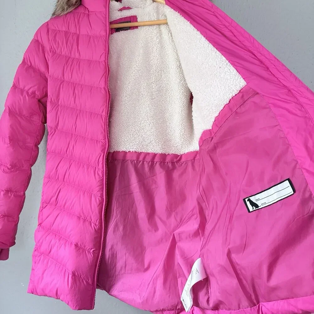 Eddie Bauer Down Parka Jacket Girls L (14) Pink Nylon Sherpa Lined Hooded